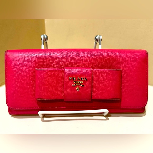 Prada Pink Saffiano Double snap long Bow Wallet - Picture 1 of 13